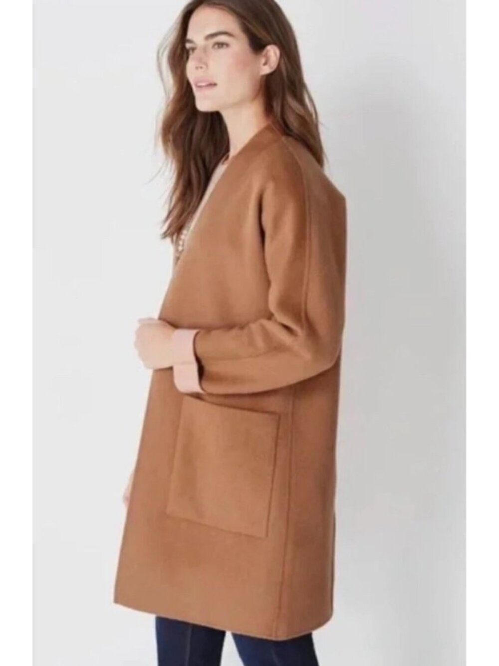 J. Jill Wool Reversible Coat‎ Women’s L Camel Tan Pink Open Front Long Jacket